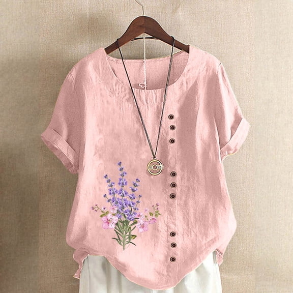 Edvintorg Cotton And Linen Shirts for Women Plus Size Summer Flower Print Regular Button Round Neck Short Sleeve Blouse Tops