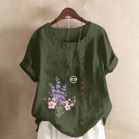 Edvintorg Cotton and Linen Shirts for Women Plus Size Summer Flower Print Regular Button Round Neck Short Sleeve Blouse Tops