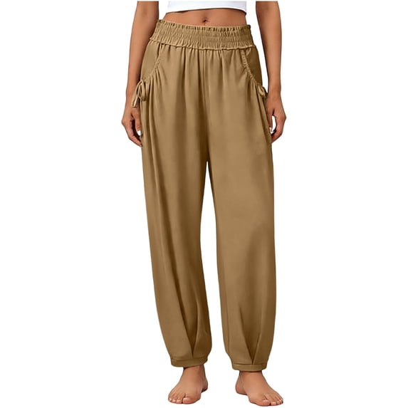 Edvintorg Cotton Pants for Women Casual Loose Fit Elastic Waisted Cuffed Trousers with Pockets Summer Clothes Womens Khaki L