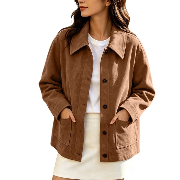 Edvintorg Crop Jackets for Women Plus Size Turndown Collar Button Down Coat Fall Winter Long Sleeve Casual Outerwear with Pocket Women Clothing Brown S-3XL
