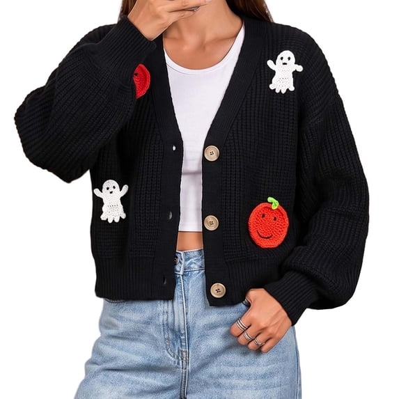 Edvintorg Cropped Cardigan for Women Halloween V Neck Loose Casual Knit Sweater Lightweight Open Front Top Women Clothing Black S-XL