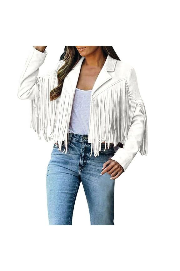 Cropped Jacket Fringe Coat for Women Faux Suede Leather Cowboy Style Coat Long Sleeve Tassels Cardigan Coats Streetwear White M