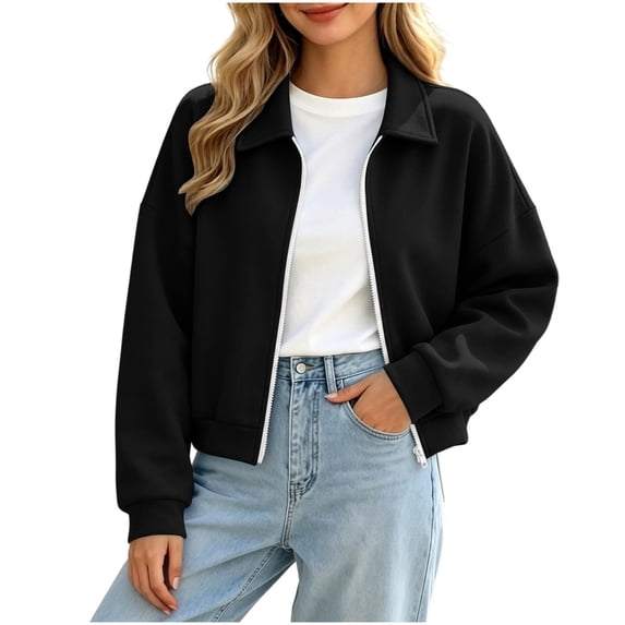 Edvintorg Cropped Jacket Women Clothing Turndown Collar Long Sleeve Casual Coat Zip up Outerwear Women's Clothing Black S