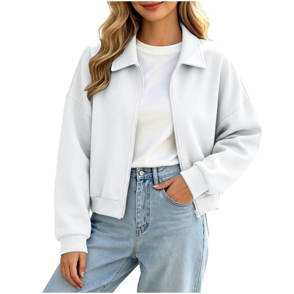 Edvintorg Cropped Jacket Women Clothing Turndown Collar Long Sleeve Casual Coat Zip up Outerwear Women's Clothing White M