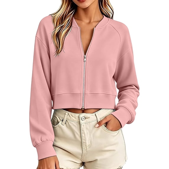 Edvintorg Cropped Jacket Women Long Sleeve Crew Neck Zip up Casual Coat Women Clothes Pink M