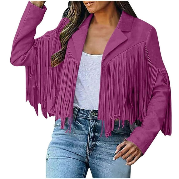 Edvintorg Cropped Jackets for Women Fringe Coat for Women Faux Suede Leather Cowboy Style Coats Long Sleeve Tassels Cardigan Outerwear