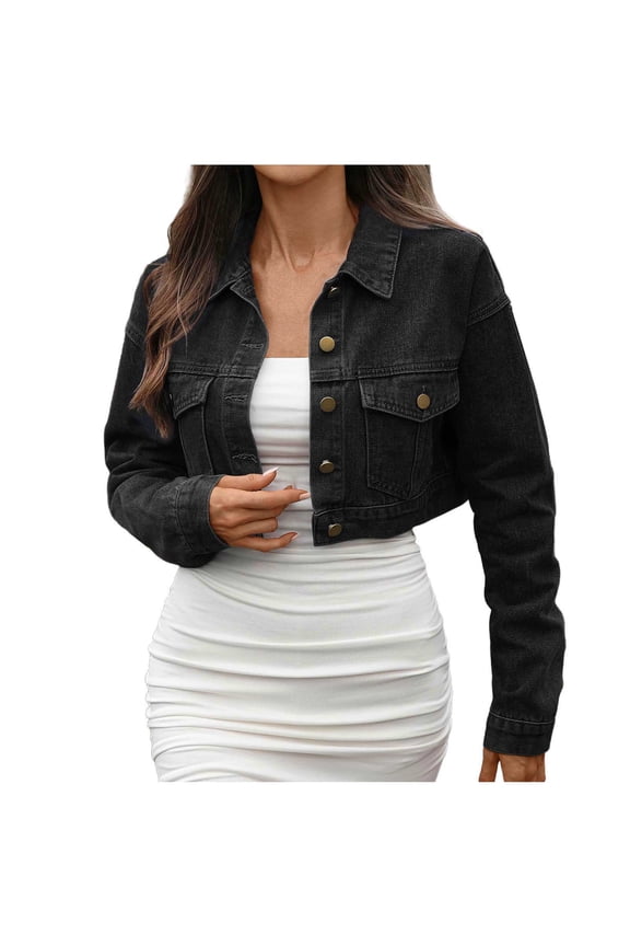 Cropped Jean Jacket Women's Solid Color Pocket Long Sleeve Button Denim Jackets Lapel Casual Outerwear Streetwear Black S