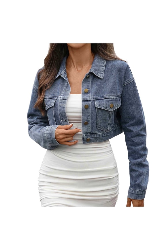 Cropped Jean Jacket Women's Solid Color Pocket Long Sleeve Button Denim Jackets Lapel Casual Outerwear Streetwear Blue L