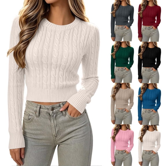 Edvintorg Cropped Sweaters for Women 2026 Fall Cable Knit Crew Neck Long Sleeve Plus Size Tops Streetwear Slim Short Sweater