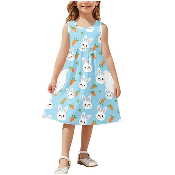 Edvintorg Cute Dresses for Girls Sleeveless Round Neck Stretchy Dress for School Summer Casual Loose Beach Vacation Sundress with Pocket 3-14 Years