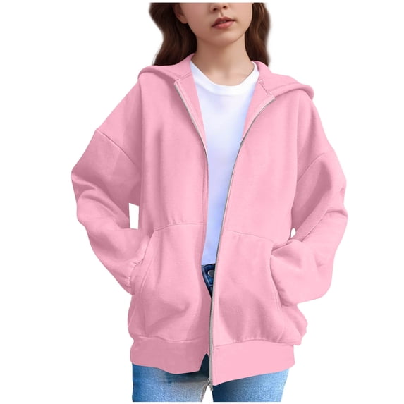 Edvintorg Cute Hoodies Jackets for Girls Solid Color Long Sleeve Casual Sports Sweatshirt with Zipper 5-15 Years Fall Winter Teenage Girls' Clothing