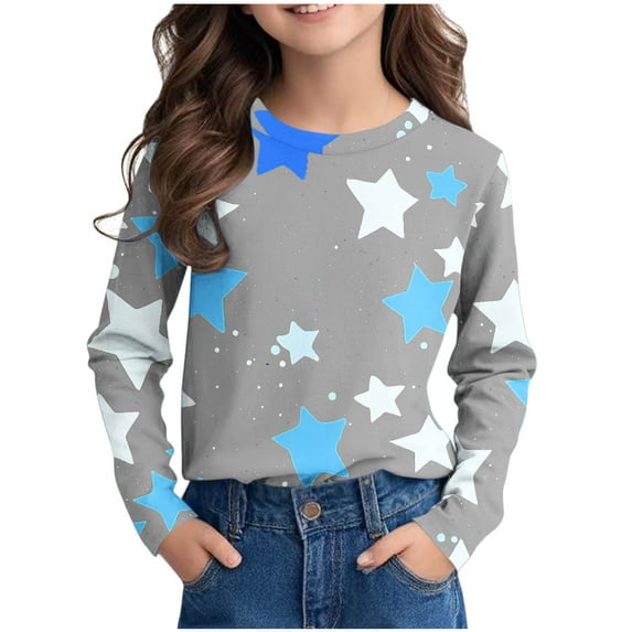 Edvintorg Cute Shirts for Girls Long Sleeve Fall Winter Star Printed Crewneck Casual Dressy Shirts Loose Fit Pullover Tunic Tops Blouse 3-14 Years Teenage Girls' Clothing
