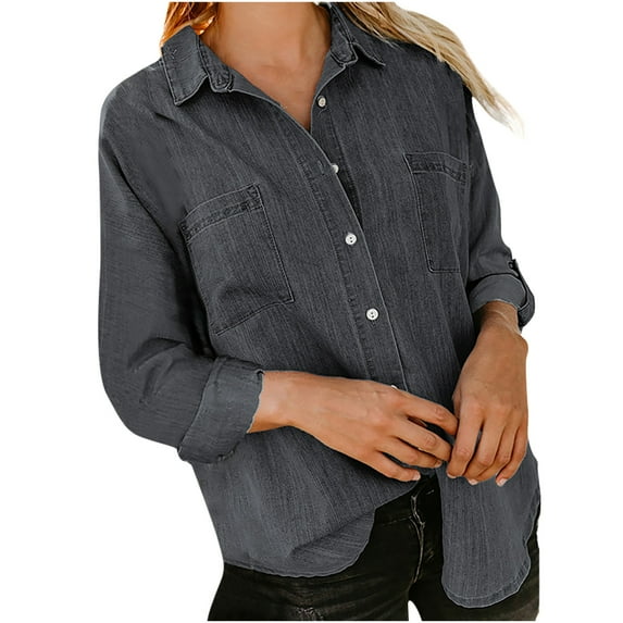 Edvintorg Denim Jacket Women Women's Fashion Fall Winter Jean Jacket Turn Down Collar Solid Color Long Sleeve Buttons Shirts Casual Tops Black Xxxl