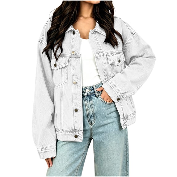 Edvintorg Denim Jacket for Women Fall Winter Fashion Loose Casual Jean Jackets with Pocket Button Down Women's Clothes White XXL