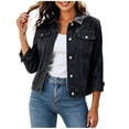 thumbnail image 1 of Edvintorg Denim Jacket for Women Lightweight Long Sleeve Casual Button Down Cropped Jean Coat with Pocket Womens Fashion S-2XL Black, 1 of 7