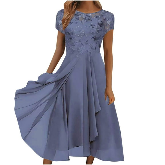 Edvintorg Dress Elegant Women Sexy Solid Short Sleeve Round Neck Lace Chiffon Mesh Waist Party Dresses Plus Size Summer Dresses