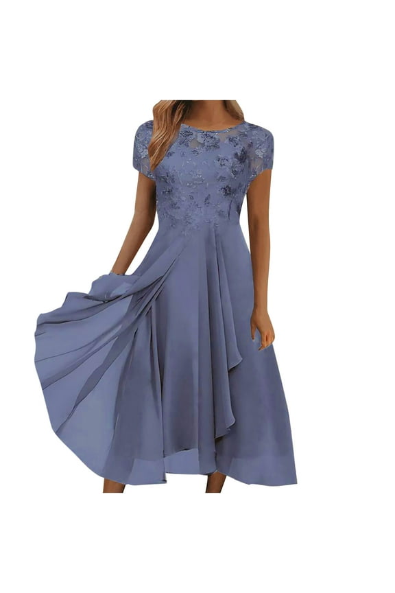 Dress Elegant Women Sexy Solid Short Sleeve Round Neck Lace Chiffon Mesh Waist Party Dresses Plus Size Summer Dresses