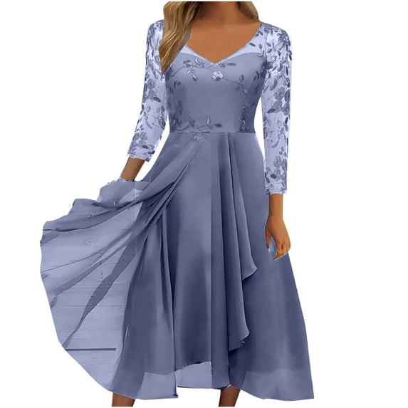 Edvintorg Dress for Women Summer Women Elegant Dress Sexy Solid Long Sleeve Round Neck Lace Chiffon Mesh Waist Party Dresses