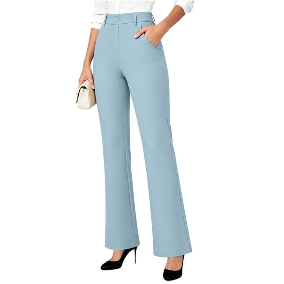 Edvintorg Dress Pants Women High Waisted Business Casual Trouser Solid Color Stretch Flare Pant with Pocket Women's Clothes Light Blue S-2XL