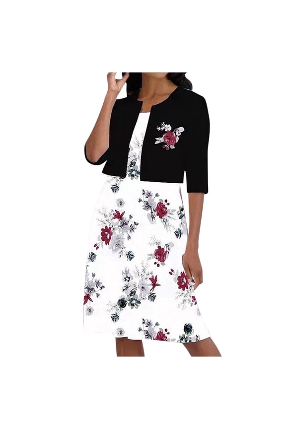 Dress Sets Women's Summer Printed Round Neck Elegant A Line Sling Dress and Half Sleeve Cardigan Tops Set Suit Vacation Two Piece Set