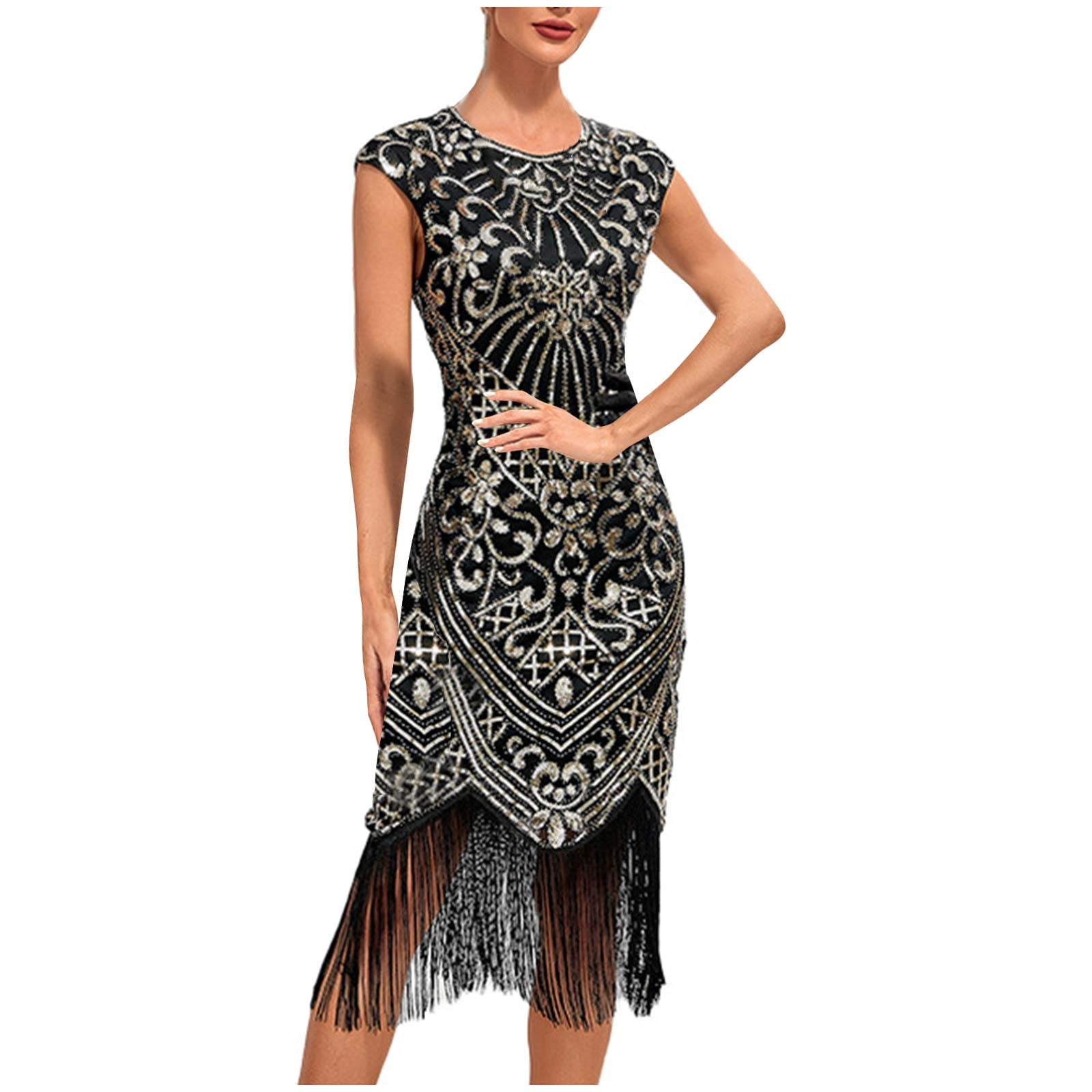 Edvintorg Vintage Cocktail Dress Women Round Neck Sleeveless Sequin Ball Tassel Dress Summer Party Banquet Dance Dresses Elegant