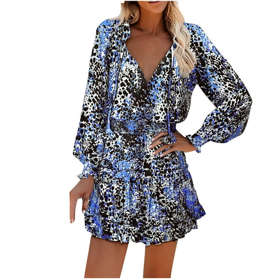 Edvintorg Dresses for Women 2025 Fall Fashion Women's Casual Printing Long Sleeve V Neck Elastic Waistband Dress Beach Outfits for Women