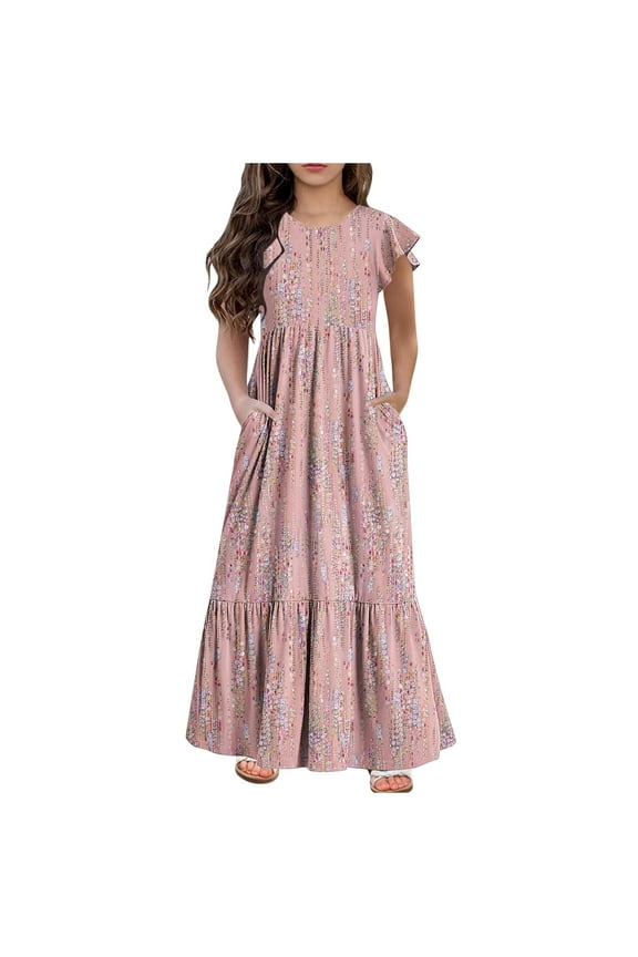 Dresses for Girls Summer New Floral Printing Short Sleeves Long Dress Round Neck Casual Beach Dress with Pocket 6-13 Years Clothes for Teenage Girls