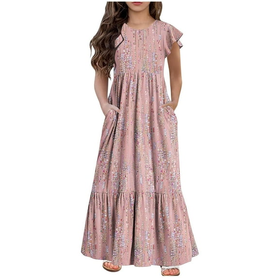 Edvintorg Dresses for Girls Summer New Floral Printing Short Sleeves Long Dress Round Neck Casual Beach Dress with Pocket 6-13 Years Clothes for Teenage Girls