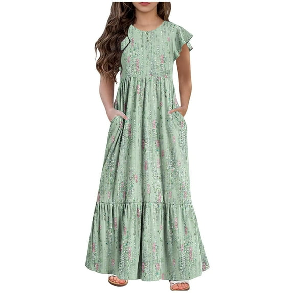 Edvintorg Dresses for Girls Summer New Floral Printing Short Sleeves Long Dress Round Neck Casual Beach Dress with Pocket 6-13 Years Clothes for Teenage Girls