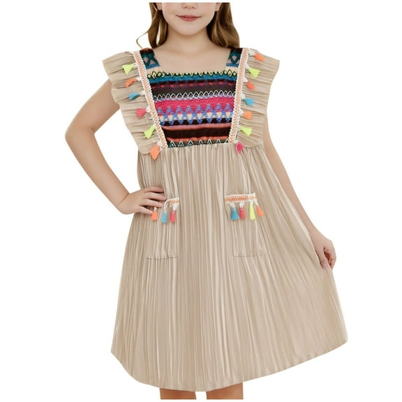 Edvintorg Dresses for Girls Summer Ethnic Style Round Neck Sleeveless Loose Casual Dress Cute Flying Sleeve Beach Dress 2-8 Years