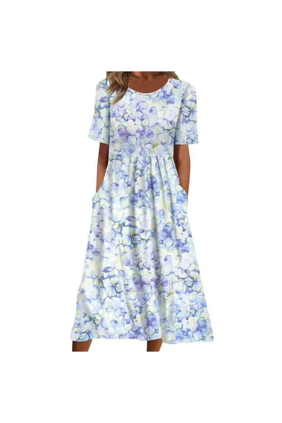 Dresses for Women Fashion Floral Printing Round Neck Casual Beach Dress Summer Short Sleeve Loose Dress with Pockets