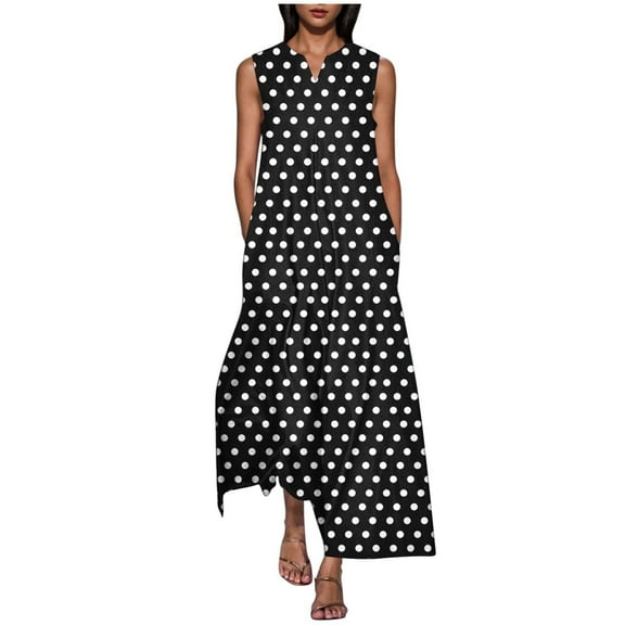 Edvintorg Dresses for Women Fashion Polka Dot Printed V-Neck Sleeveless Casual Long Maxi Dresses with Pocket Summer Beach Vacation Clothes for Women