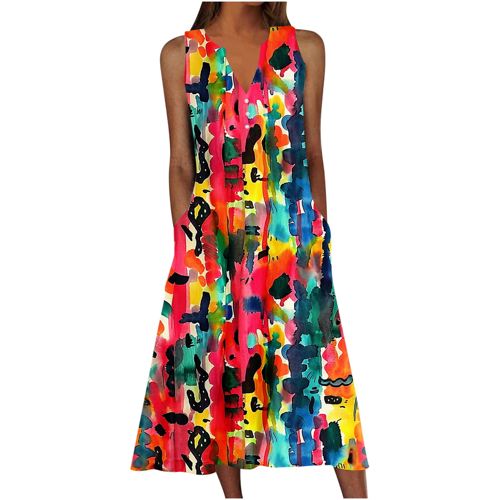 Plus Size Women Summer Vintage Pure Color O-Neck Dress