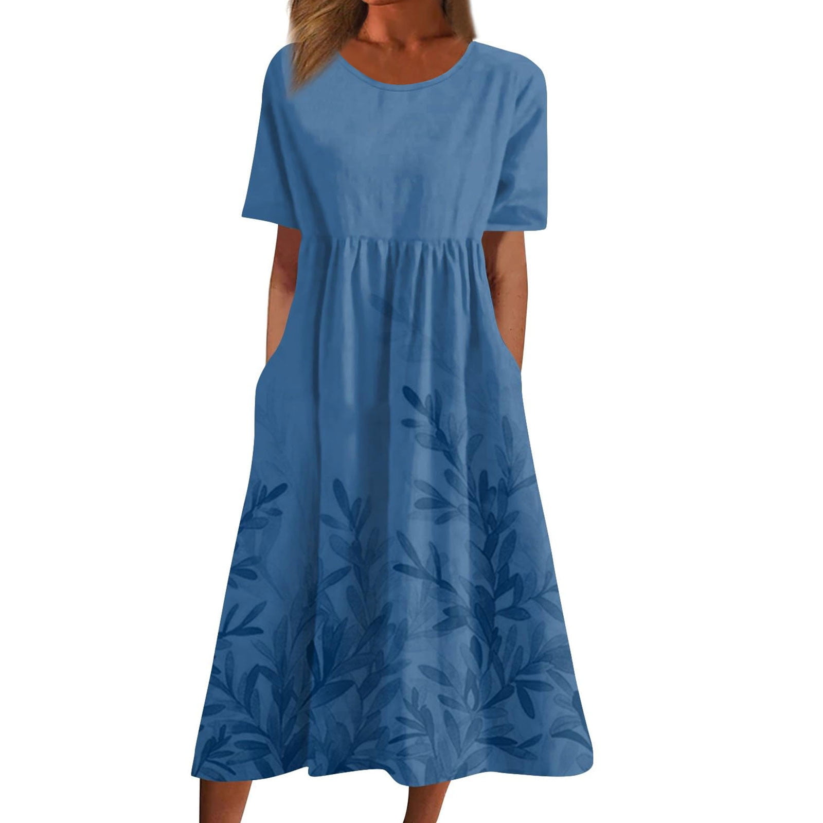 Edvintorg Dresses for Women Vintage Floral Printed Round Neck Short Sleeve Casual Summer Dress with Pocket Vacation Beach Dresses for Women