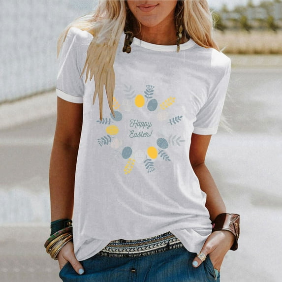 Edvintorg Easter Blouse For Women Summer Clearance Cute Print Round Neck Short Sleeves Tops Loose Fit Basic Blouse Easter Gifts