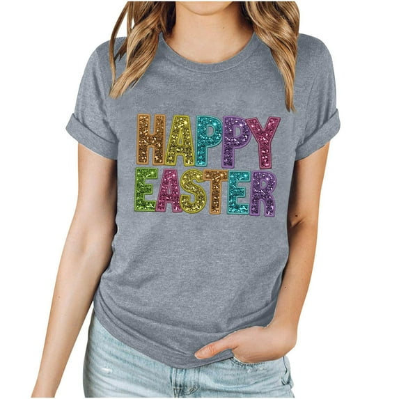 Edvintorg Easter Shirt for Women Kawaii Funny Print Loose Fit Basic Blouse Top Short Sleeve Round Neck Casual T-Shirt Summer Tops