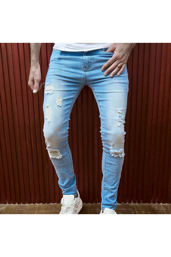 Elastic Waist Skinny Jeans Men Streetwear Casual Men's Autumn Denim Cotton Straight Ripped Hole Slim Fit Trousers Pants Fashion Denim Trousers