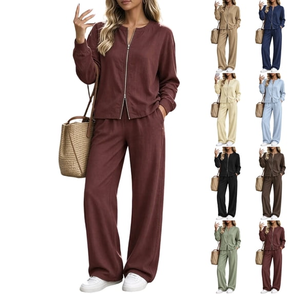Edvintorg Fall 2 Piece Sets for Women Solid Color Long Sleeve Zip up ...
