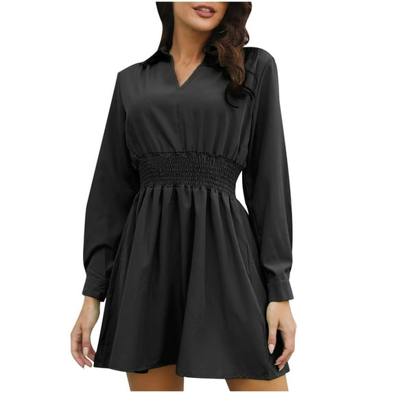 Edvintorg Fall And Spring Fashion Dress Women's Solid V Neck Long Sleeve Dresses Skirt Turndown Collar High Waisted Dress Elegant