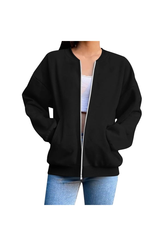 Fall Coats for Women 2025 Classic-Fit Full Zip Bomber Jacket Streetwear Casual Solid Pocket Outerwear Long Sleeve Black A L