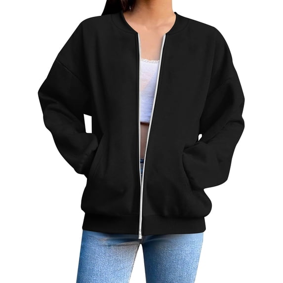 Edvintorg Fall Coats for Women 2025 Classic-Fit Full Zip Bomber Jacket Streetwear Casual Solid Pocket Outerwear Long Sleeve Black A S