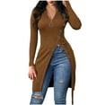 thumbnail image 1 of Edvintorg Fall Dress Women 2025 Zipper V Neck Women's Dresses Long Sleeve Solid Color Slim Fitting Threaded Button High Split Casual Dress, 1 of 4