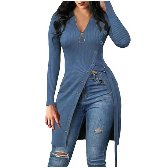 Edvintorg Fall Dress Women 2025 Zipper V Neck Women's Dresses Long Sleeve Solid Color Slim Fitting Threaded Button High Split Casual Dress