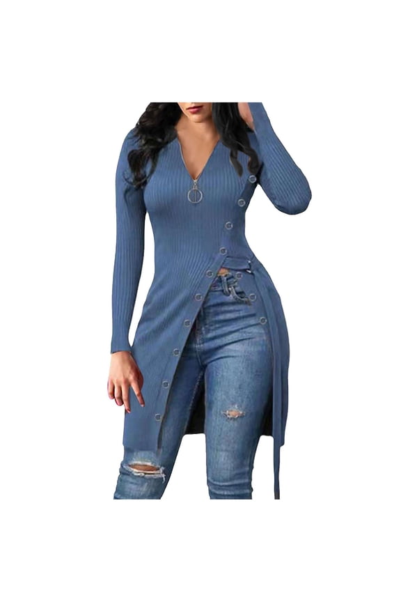 Fall Dress Women 2025 Zipper V Neck Women's Dresses Long Sleeve Solid Color Slim Fitting Threaded Button High Split Casual Dress