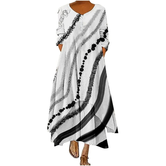 Edvintorg Fall Dresses for Women 2025 Fashion Women Patchwork Print Casual Loose Round-Neck Long Sleeve Button Long Maxi Dress with Pocket