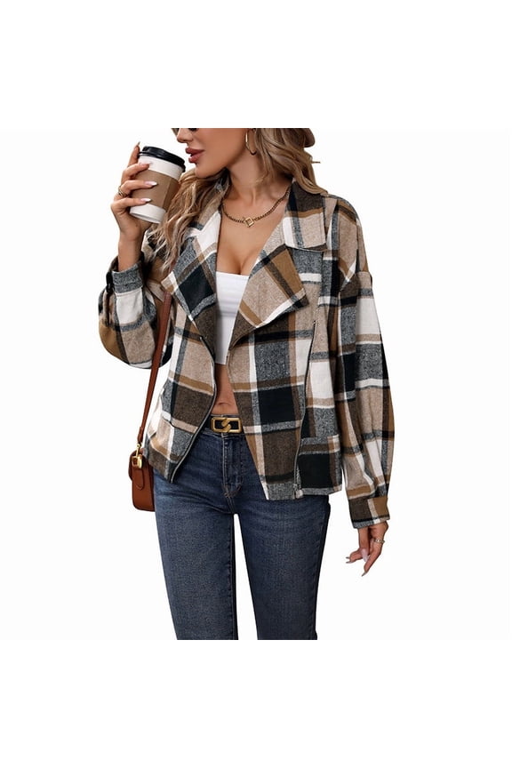 Fall Jackets for Women 2025 Fashion Palid Printed Long Sleeve Lapel Outwear with Zipper Streetwear Women's Winter Coats Khaki M