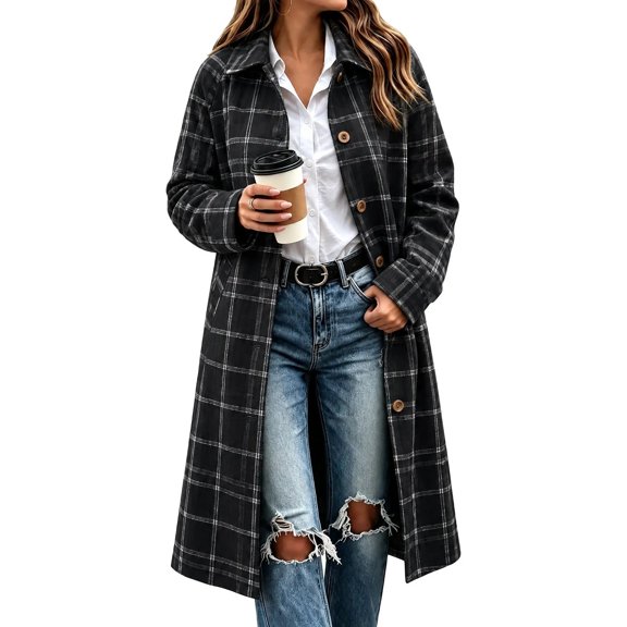 Edvintorg Fall Jackets for Women Fashion Plaid Casual Lapel Coat Winter Long Sleeve Lightweight Long Outerwear with Pockets