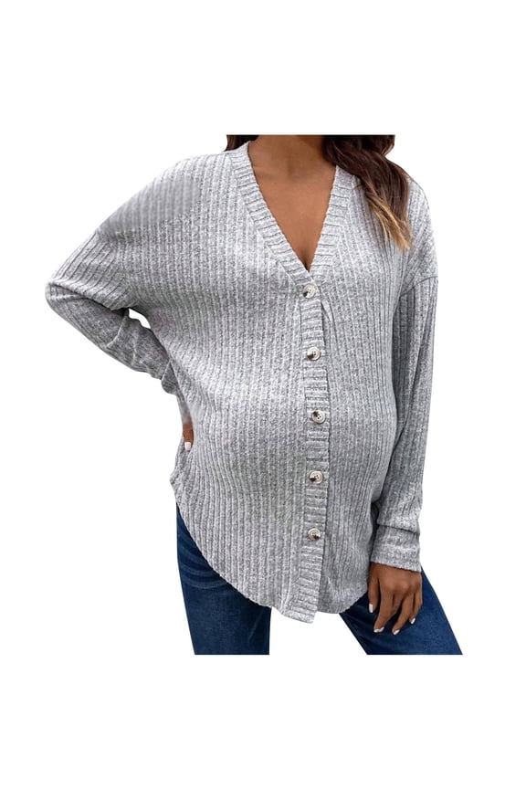 Fall Maternity Clothes Women's Knitted Front Button Cardigan Coat V Neck Long Sleeve Knitted Tops Maternity Sweater for Pregnant Women
