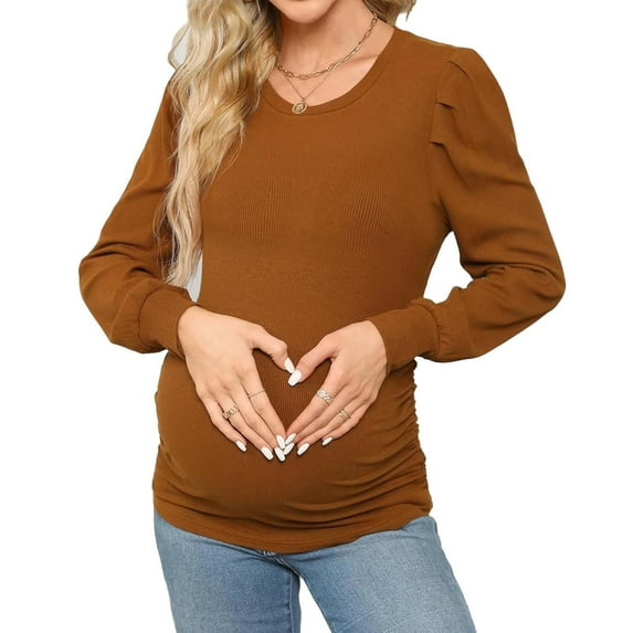 Edvintorg Fall Maternity Clothes Women's Solid Color Round Neck Long Sleeve Casual Maternity Tops with Wrinkles Maternity Shirts for Women