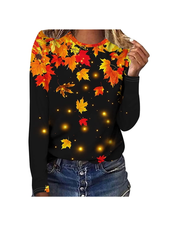 Fall Shirts for Women Long Sleeve Maple Leaves Graphic Thanksgiving Tops Cute Autumn Shirts Business Casual Blouse